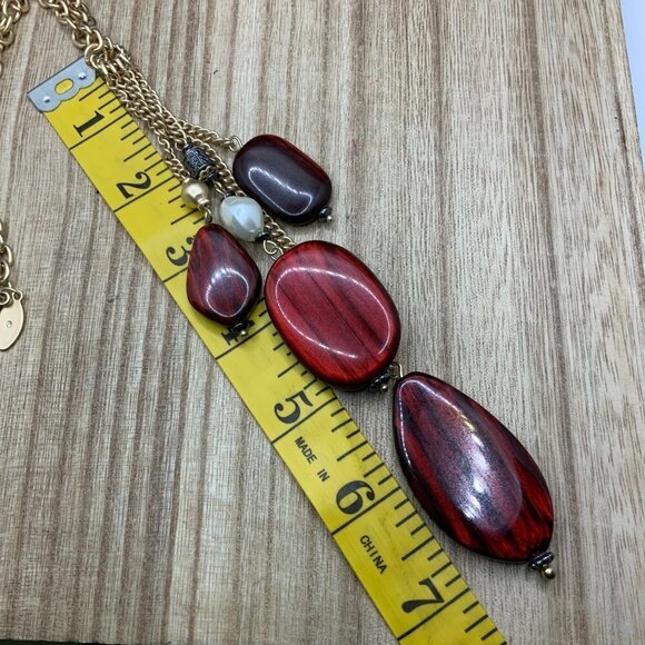 Chico's Red Beaded Gold Tone Y Chain Necklace - Picture 3 of 7